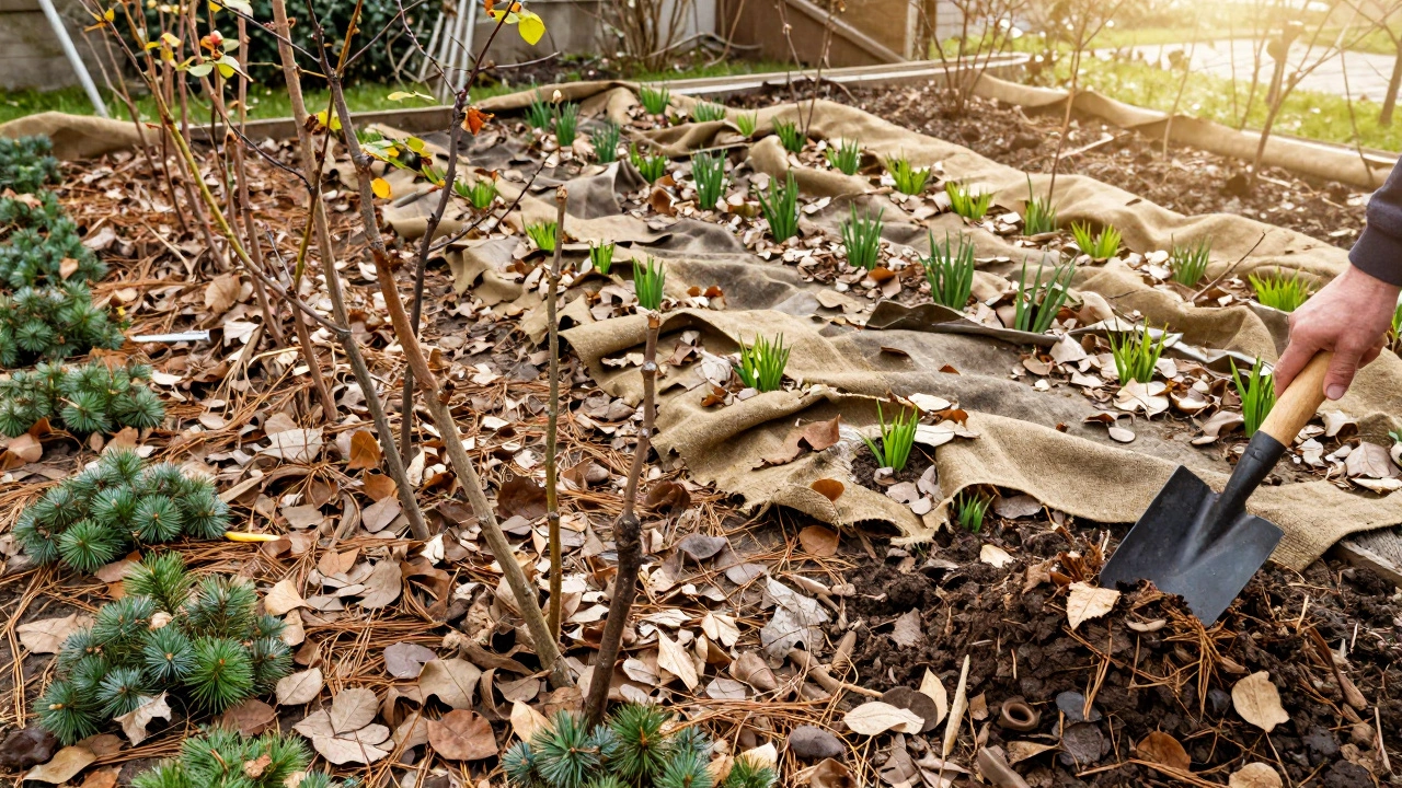 Зимнее укрытие растений постепенно снимают весной в Калужском саду.