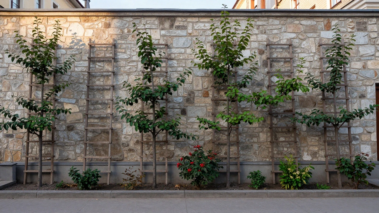 Яблони на вертикальных шпалерах вдоль стены, компактно и аккуратно сформированные кроны.