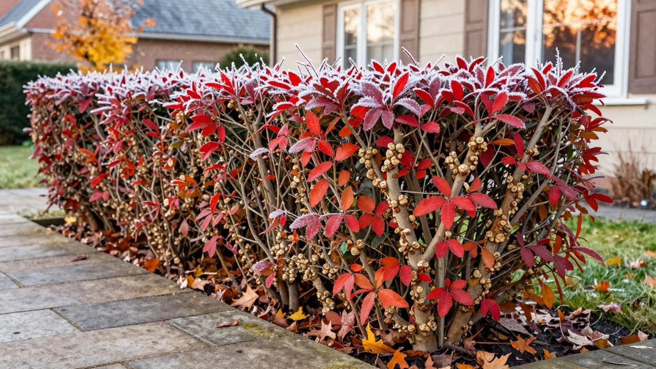 Бересклет бородавчатый с бородавками и ярко-красными листьями у дорожки осенью.