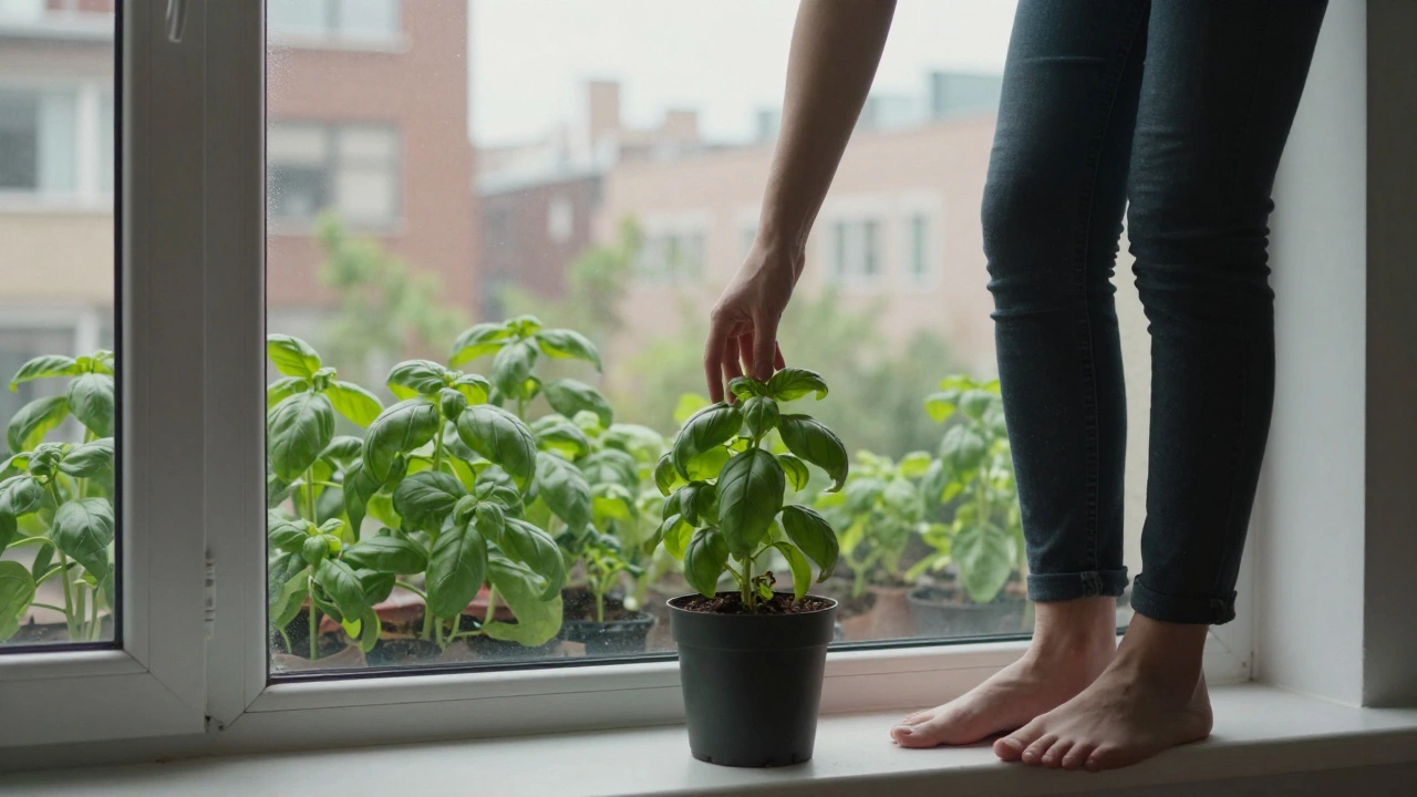 Человек прикасается к горшку с базиликом на подоконнике, за окном — город, превращающийся в сад.