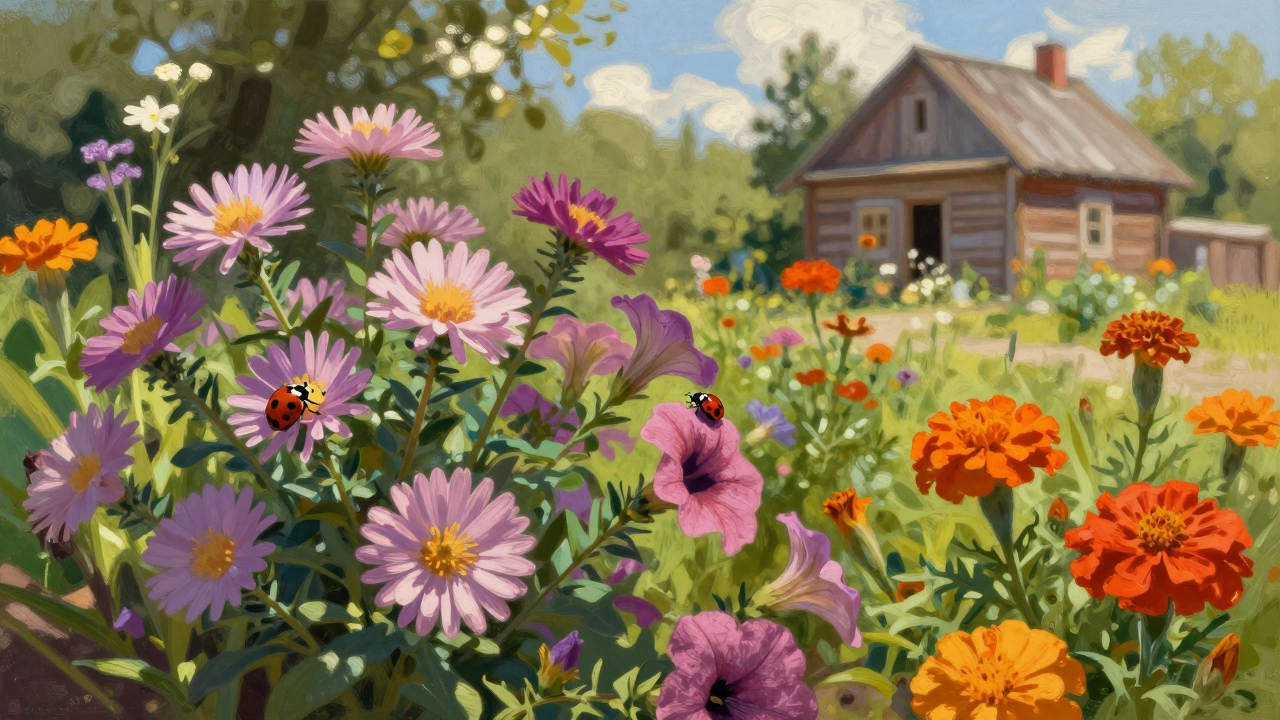 Летняя клумба с астрами, бархатцами и календулой под солнечным светом.