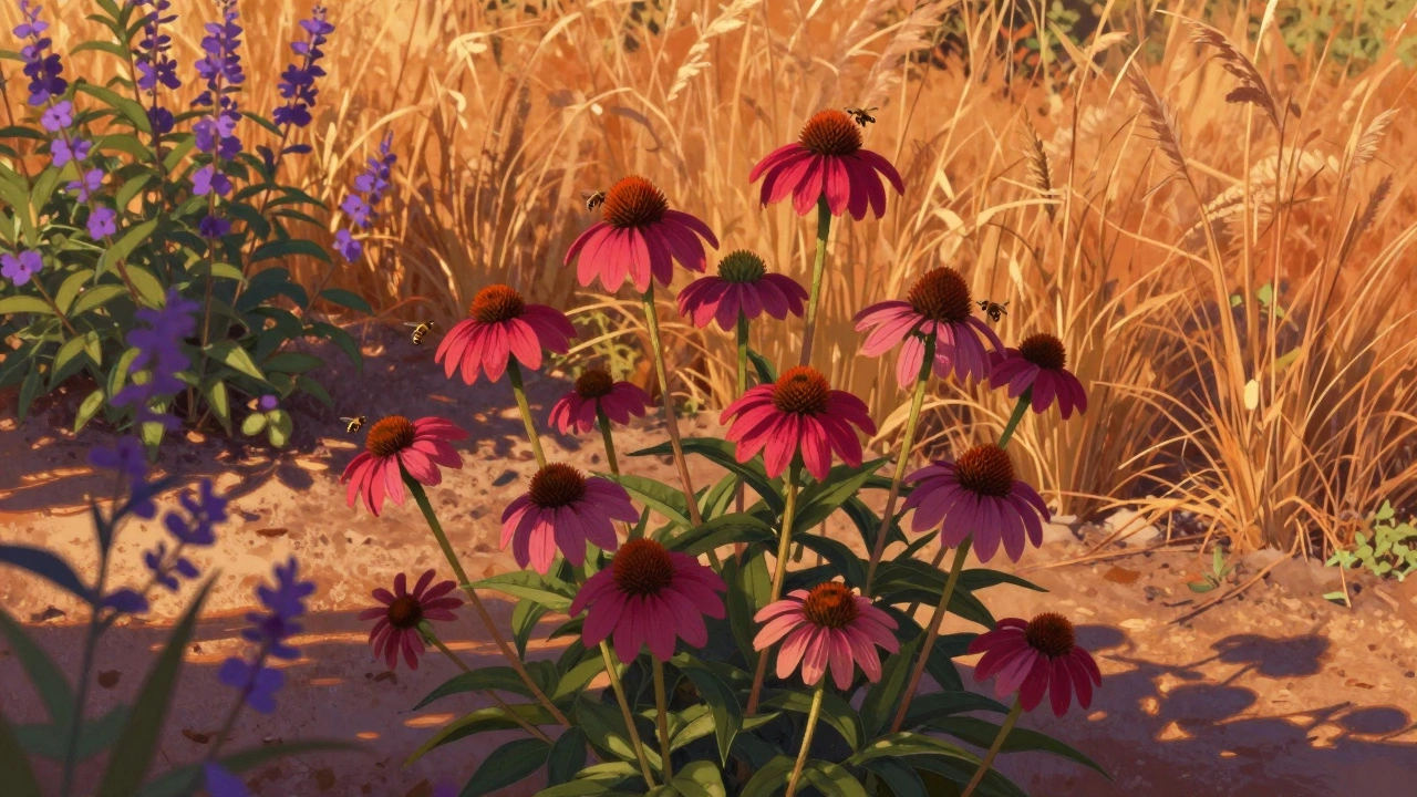 Летний сад с эхинацеей, рудбекией и монардой в полном цвету.