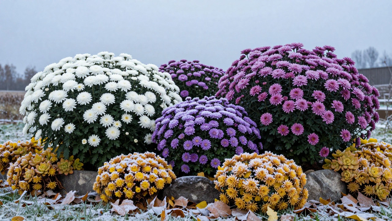 Осенний сад с астрами, хризантемами и седумом под легким снегом.