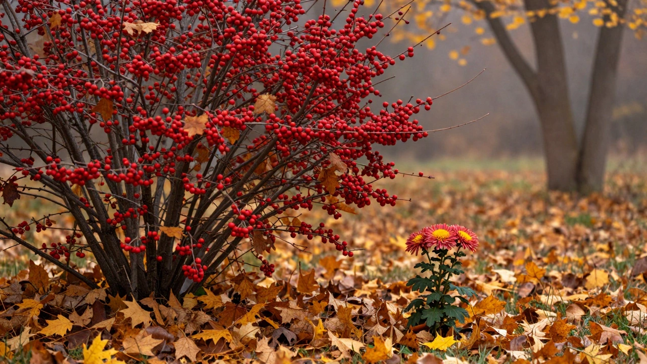 Осенний сад с барбарисом, калиной и хризантемами на фоне опавших листьев.