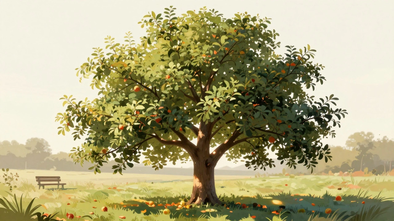 Правильно сформированная яблоня с открытой чашеобразной кроной, через которую проходит солнечный свет.