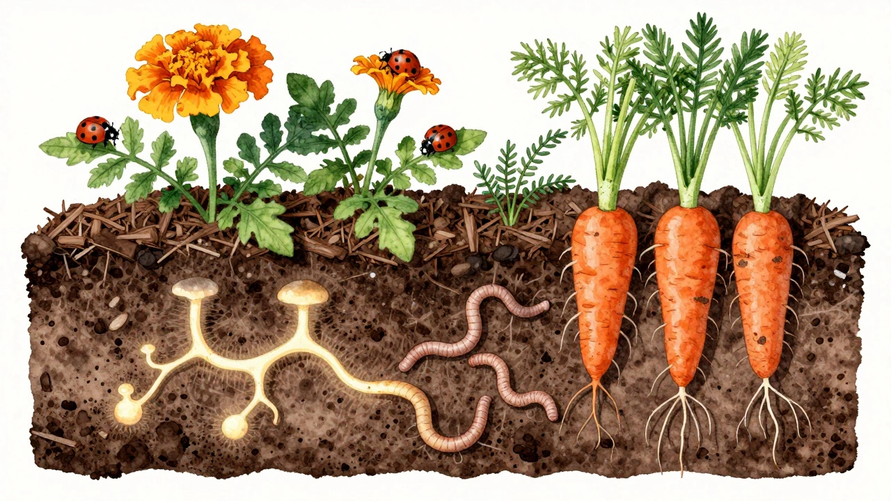Разрез почвы с грибами, дождевыми червями и корнями растений под слоем мульчи.