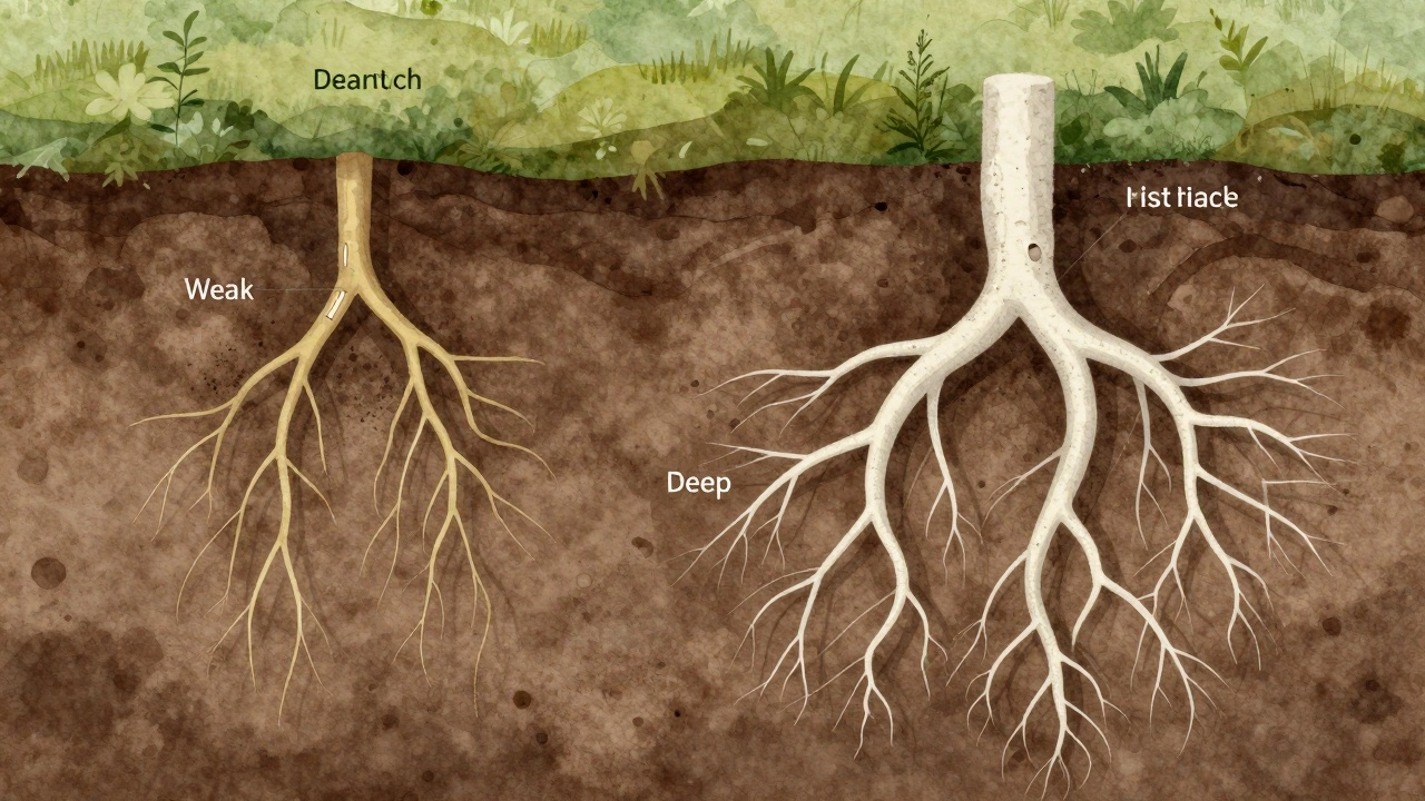 Разрез почвы: слабые желтые корни слева и плотная сеть белых корней справа.