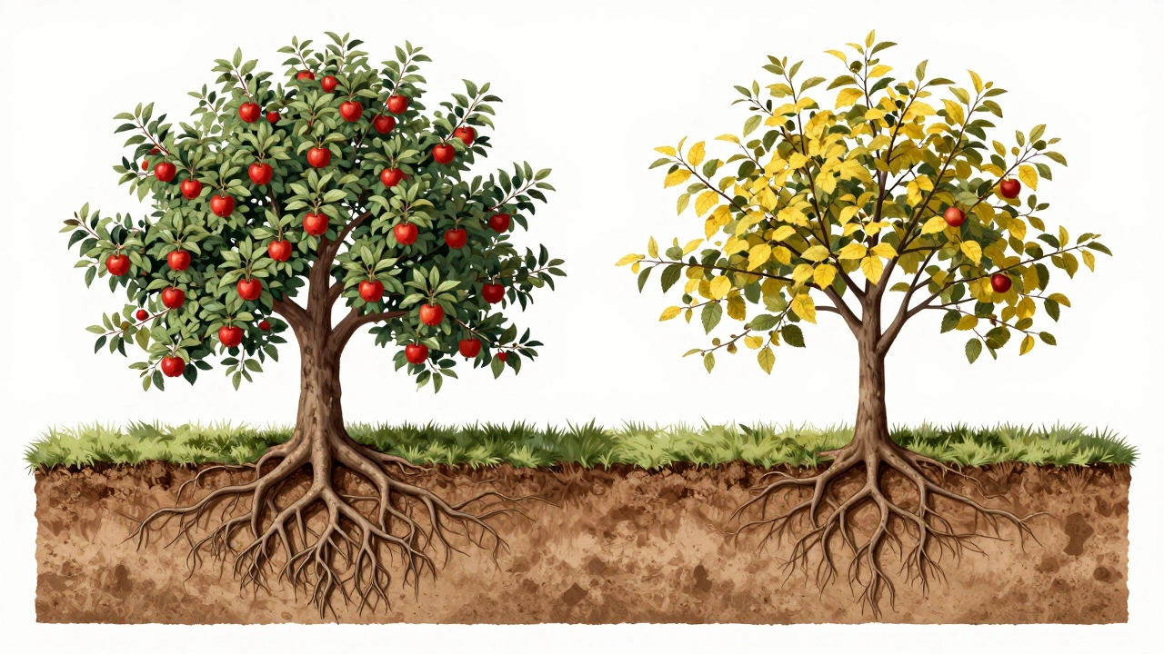 Разрез земли: одно дерево процветает, другое угасает из-за конкуренции корней.