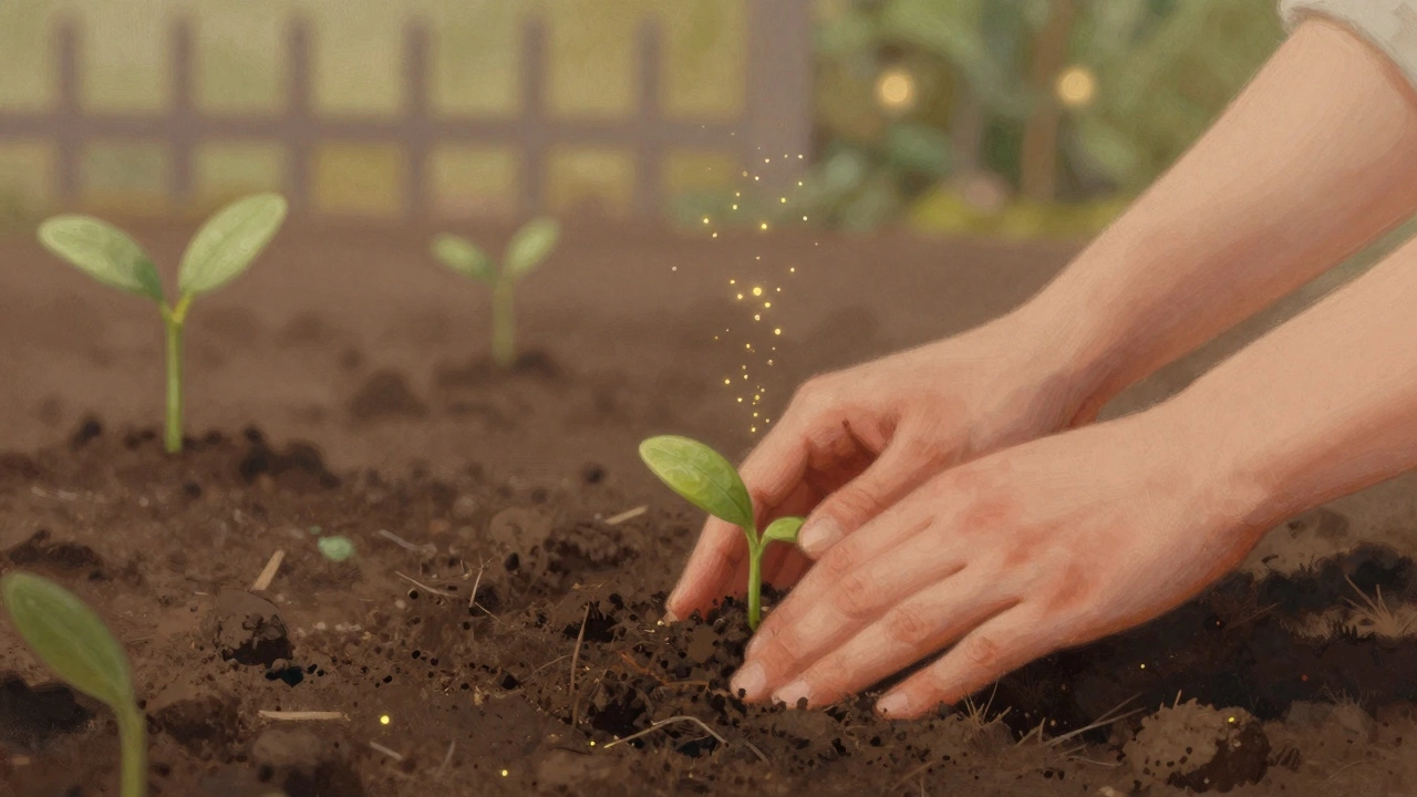 Руки сажают семя в землю, вокруг — мягкий золотистый свет, символизирующий естественное исцеление.