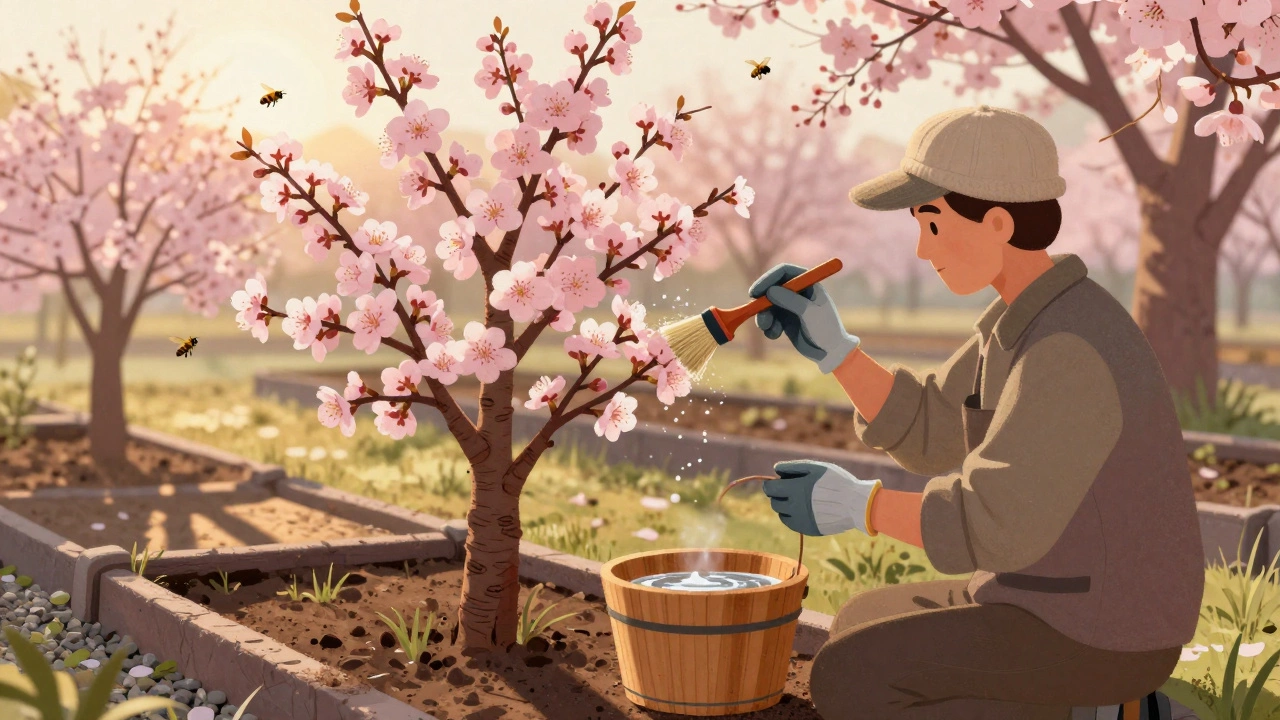 Садовник опыляет вишневые цветы кисточкой на рассвете, рядом два сорта деревьев.