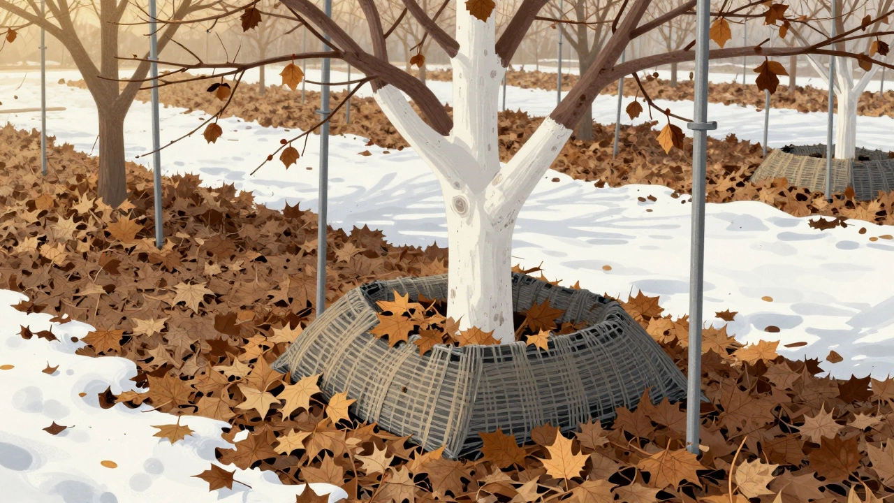 Ствол дерева побелен и обмотан агроволокном, вокруг — слой сухих листьев для утепления.