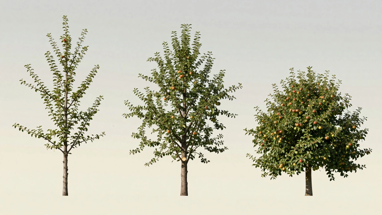 Трёхэтапное сравнение: высокая яблоня — процесс обрезки — низкая плодоносящая крона.