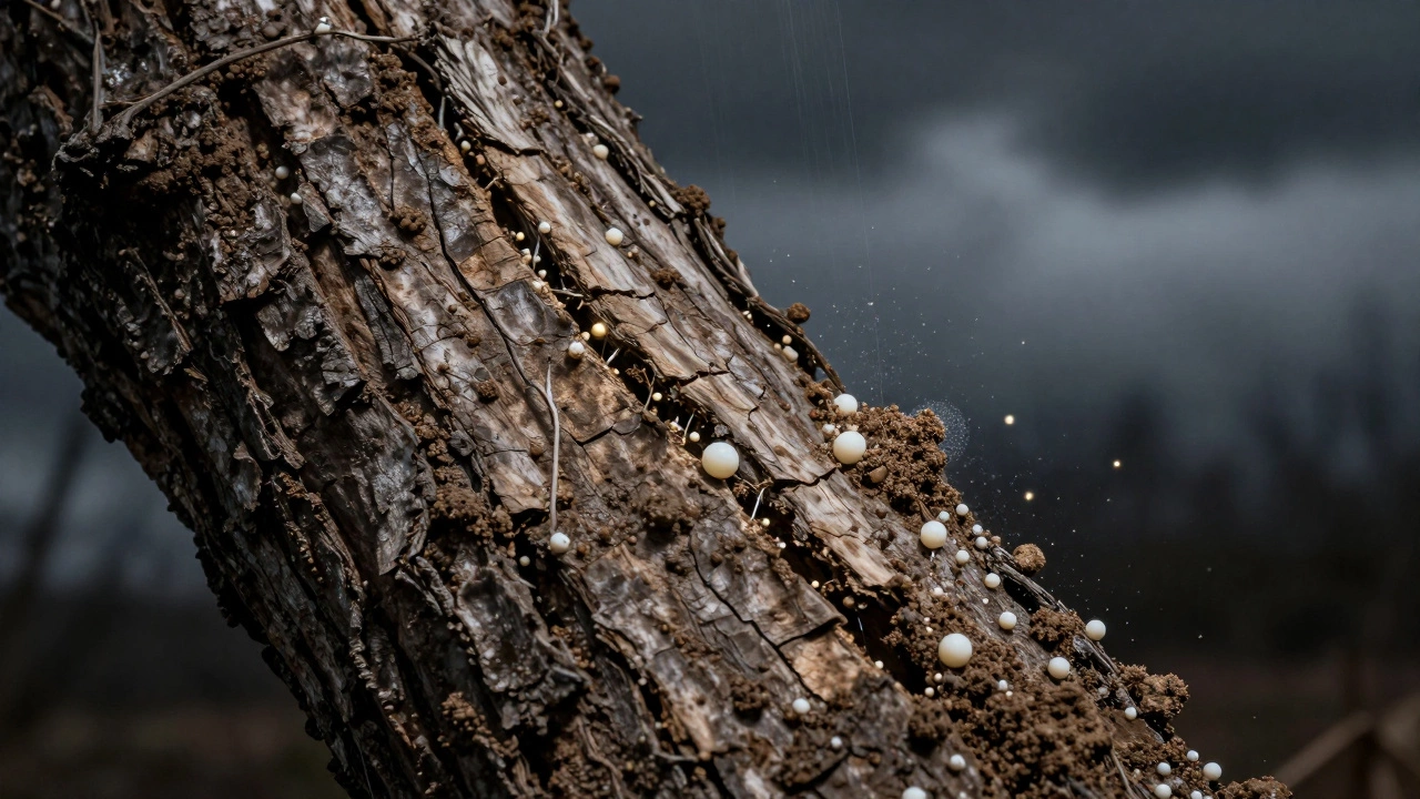 Трещины на стволе залечены глиной с коровяком, видны разрушающиеся споры грибов.