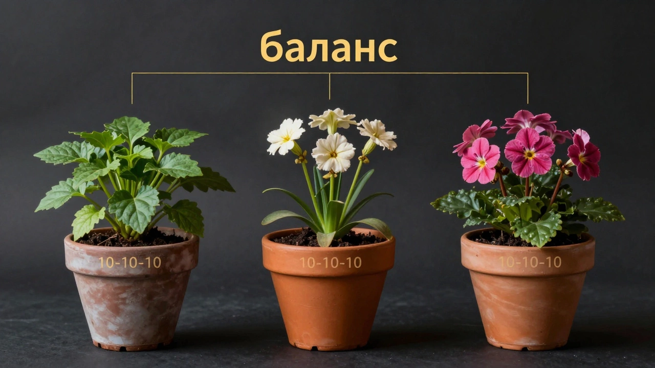 Три горшка с цветами: один без цветов, один слабый, один здоровый — символ баланса удобрений.