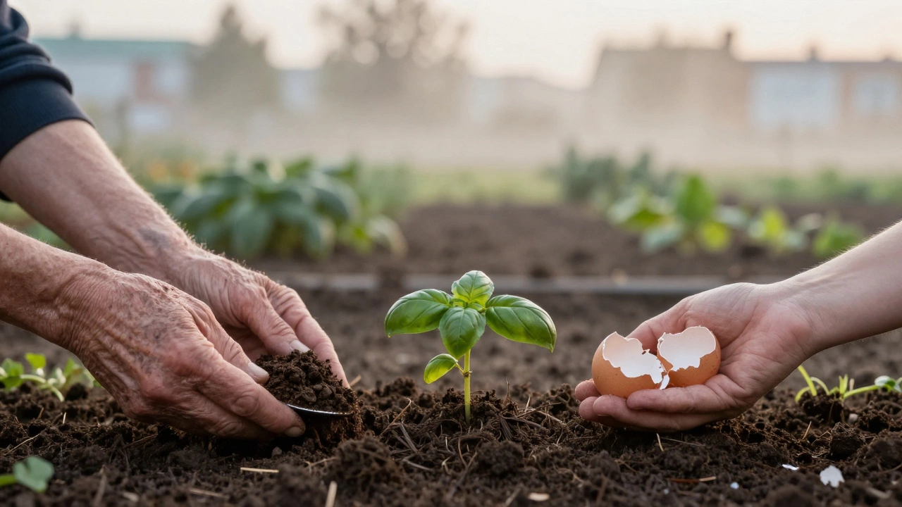 Три руки кладут компост, саженец и яичную скорлупу в землю на городской грядке.