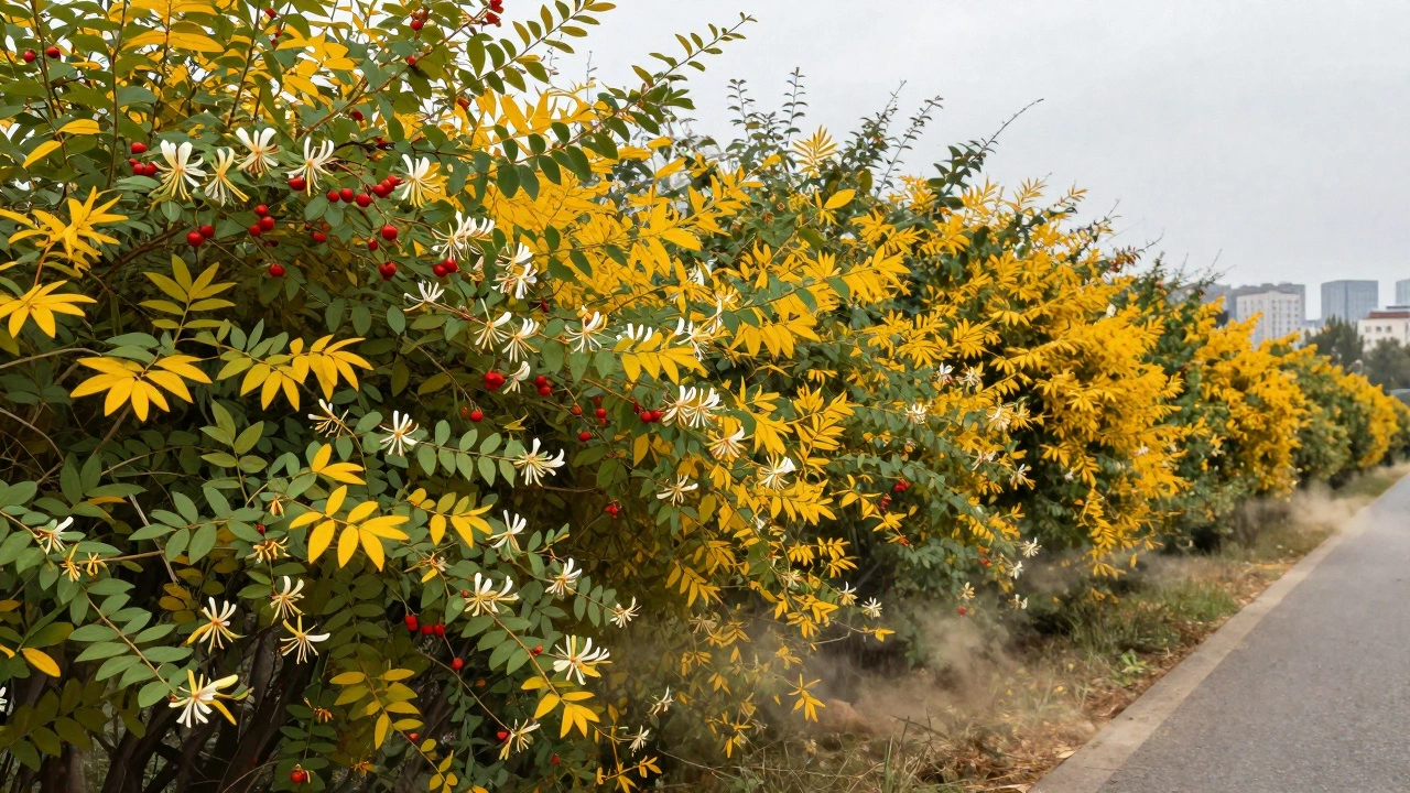 Жимолость татарская осенью с красными ягодами и золотистыми листьями вдоль дороги.