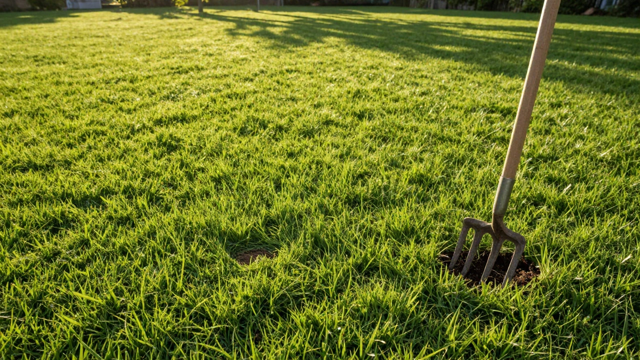 Зрелый зеленый газон на закате с легкими следами шагов и вилами в земле.