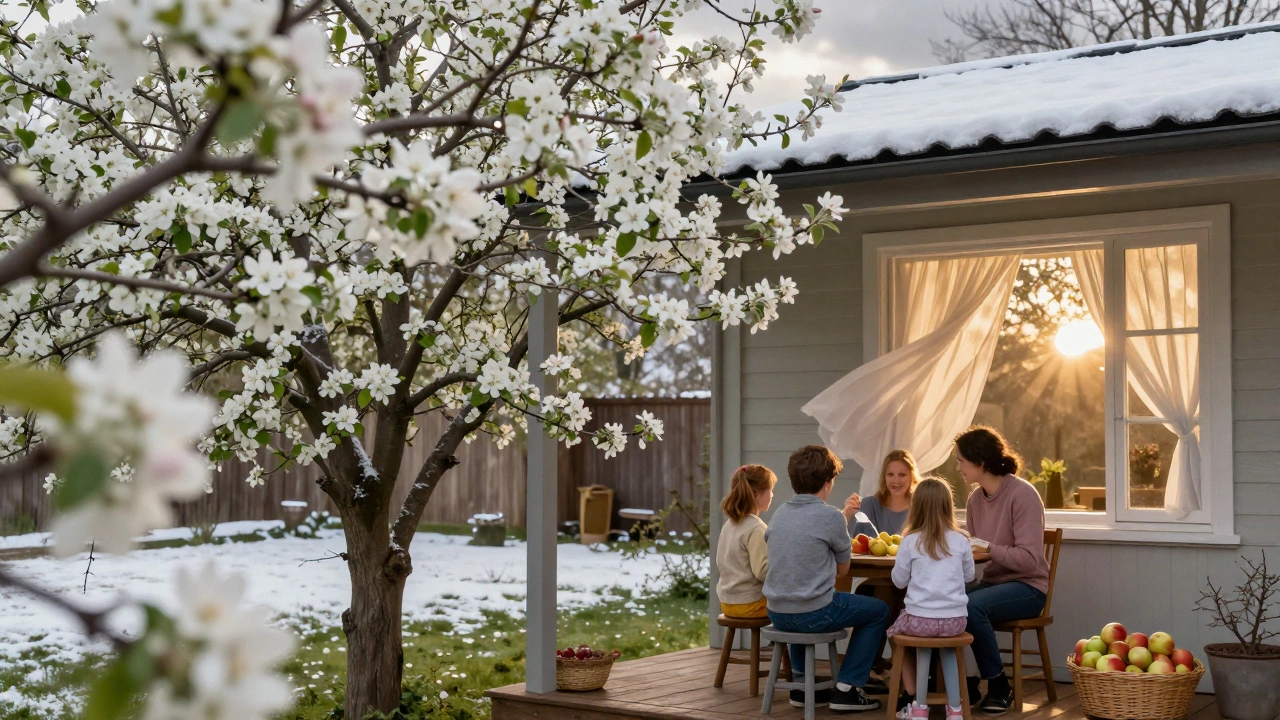 Яблоня в цвету у окна дома, семья собирает урожай на веранде.