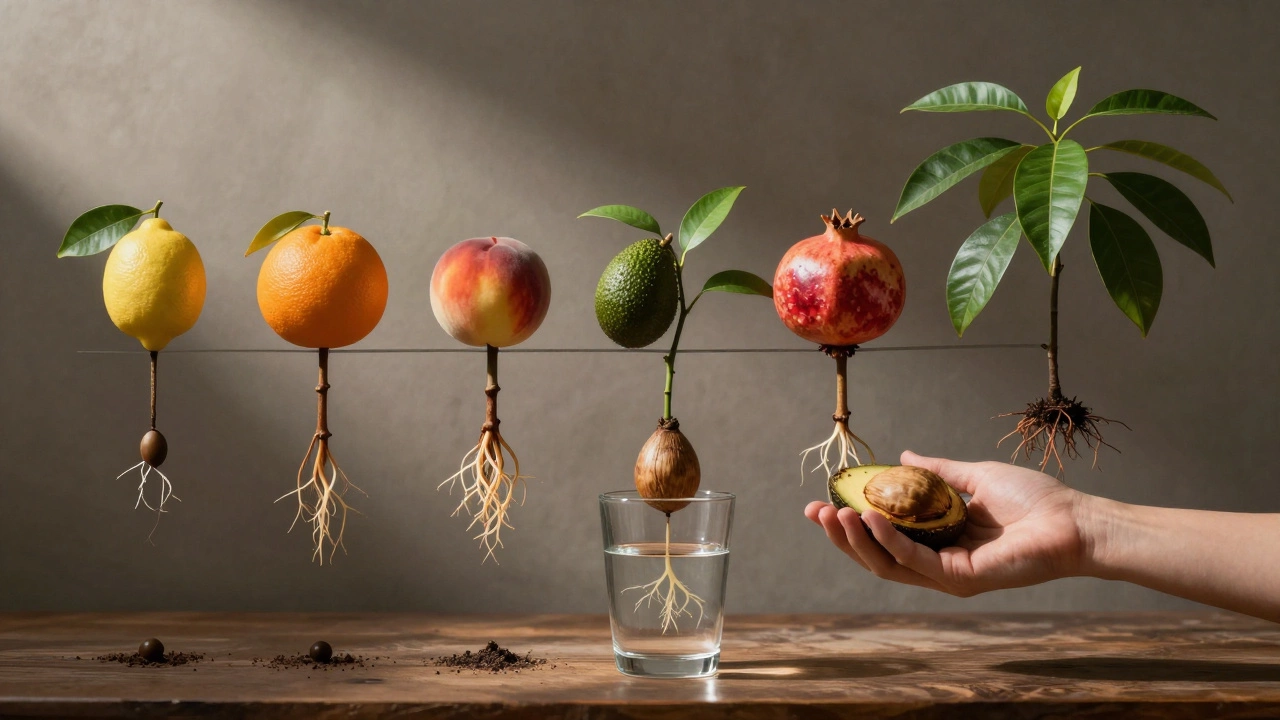 Человек держит авокадо в воде с появляющимися корнями, а позади — ростки шести фруктовых деревьев.
