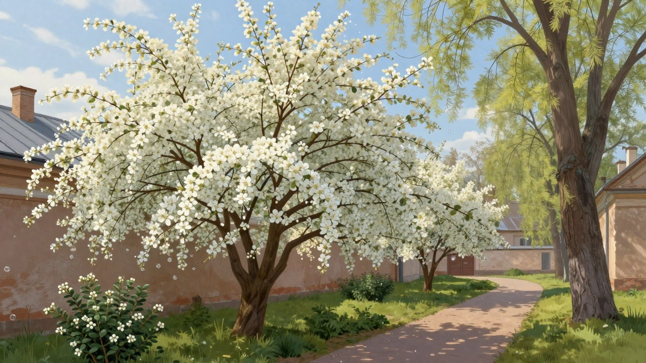 Цветущая черемуха весной, белые соцветия на фоне неба, садовая дорожка и низкие кустарники.