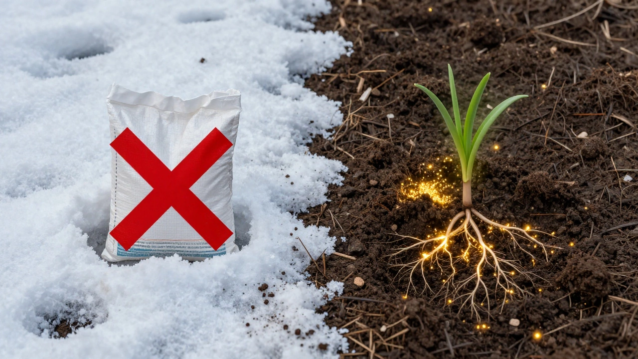 Два мира зимней почвы: слева — запрет азотных удобрений, справа — компост и зола, питающие корни под тающим снегом.