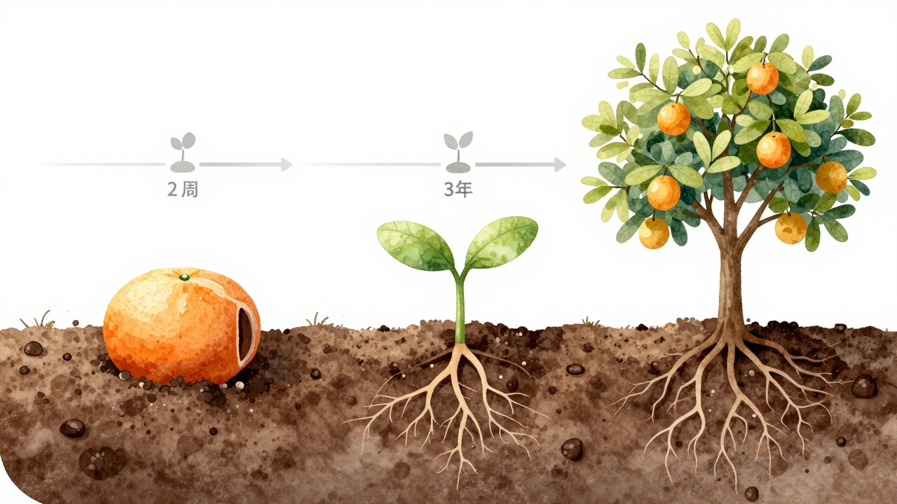 Художественная иллюстрация развития фруктового дерева из косточки: от семени до цветущего растения.