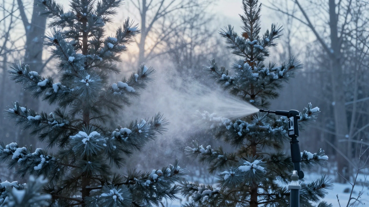 Хвойные деревья под зимним светом, на иголках — тонкий слой жидкого стимулятора, опрыскиваемого из распылителя.