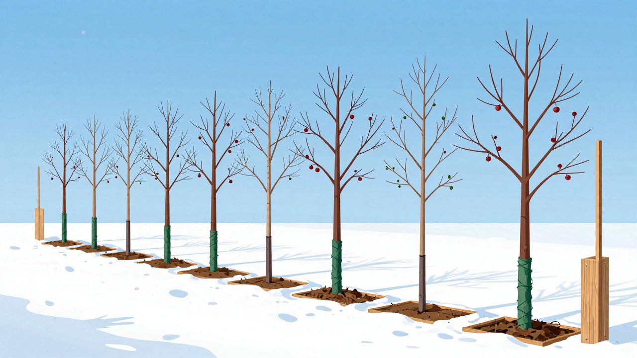 Молодые яблони с агроволокном и деревянными щитами