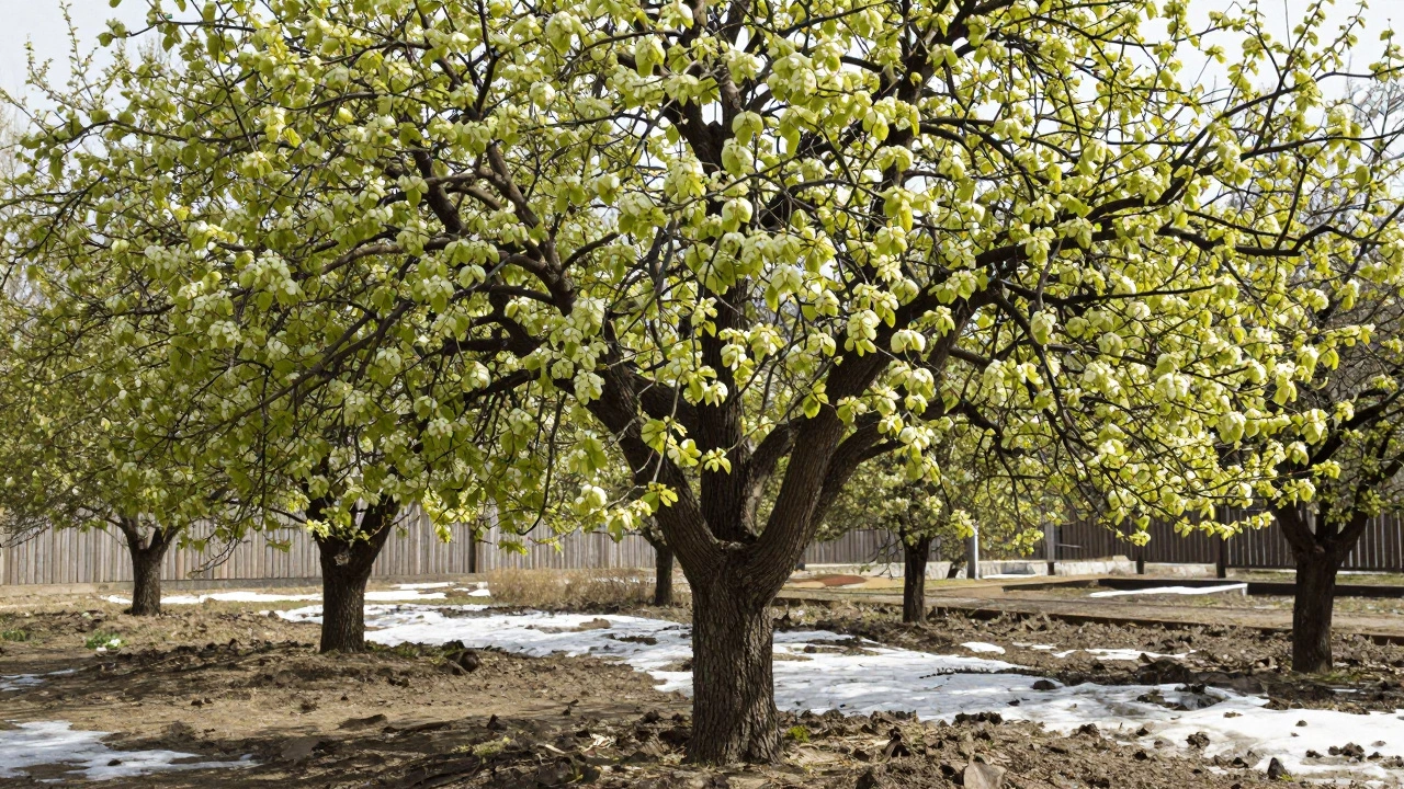 Молодые зелёные побеги на срезанной груше, садовый вар на срезе, солнечный свет сквозь густую крону, плоды на доступной высоте.