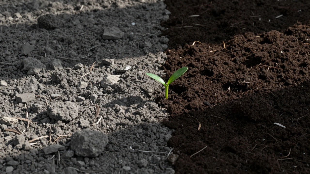 Преображение серой земли в тёмную плодородную с ростком по центру