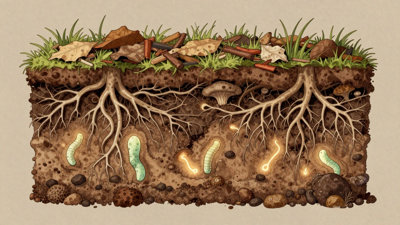 Разрез почвы с слоями: мульча, корни, грибы и минералы, с подсветкой микроорганизмов