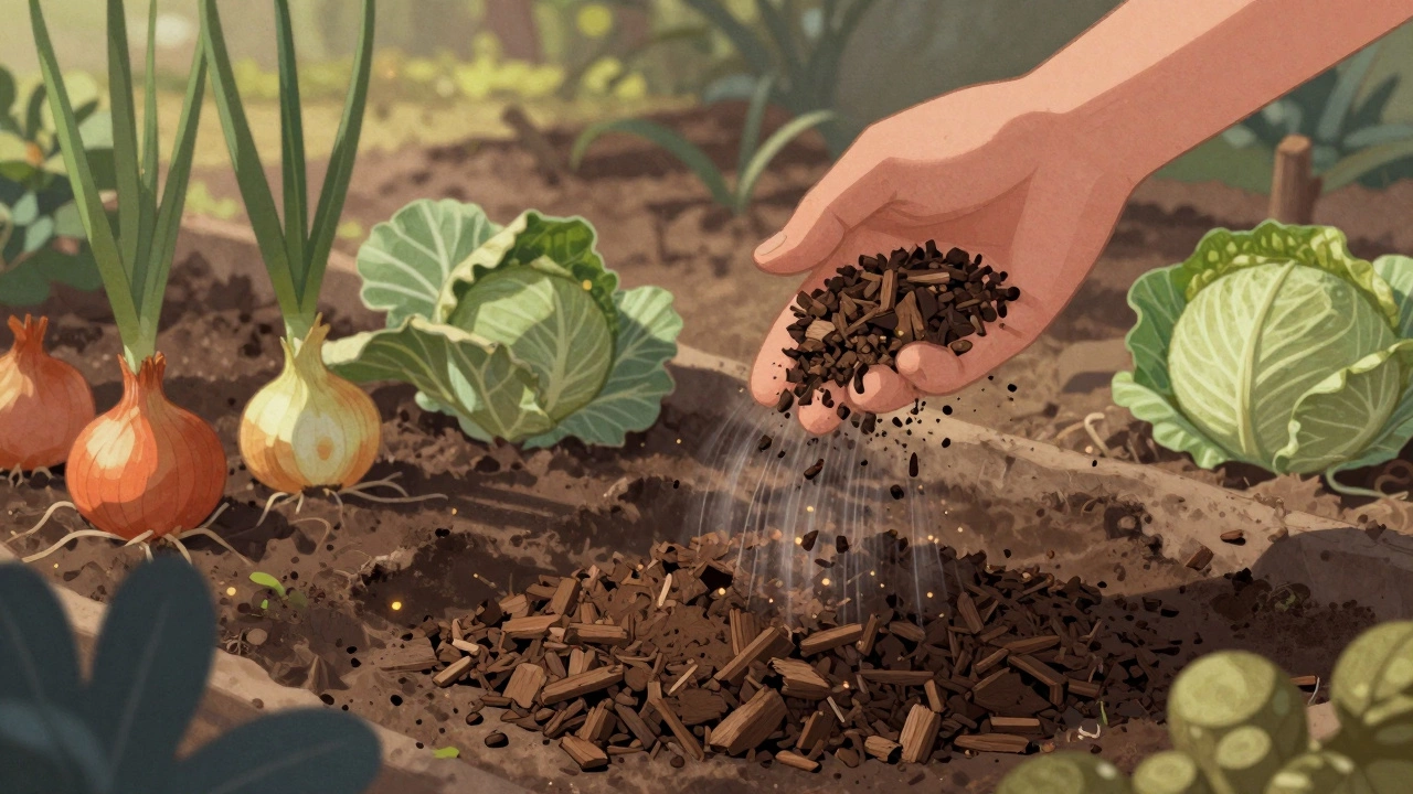 Рука рассыпает древесную золу на грядке с овощами, символизируя натуральную дезинфекцию и удобрение.