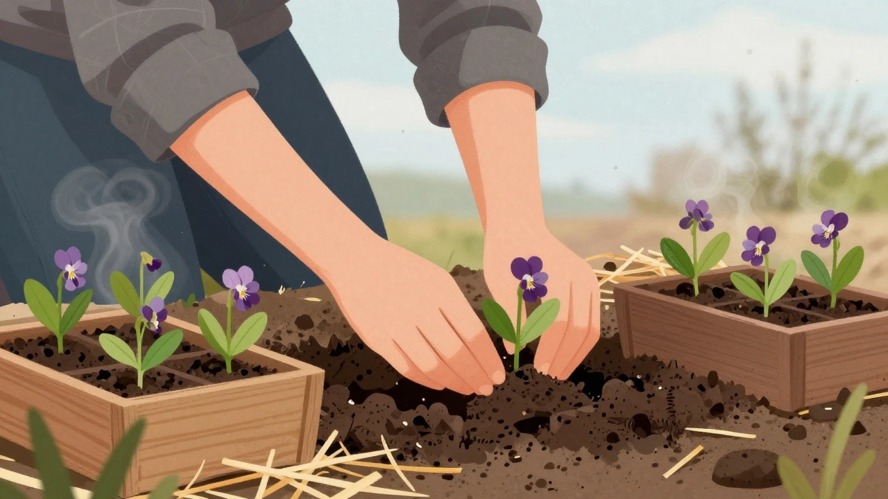 Руки сажают ароматные фиалки в рыхлую почву с мульчей из соломы.