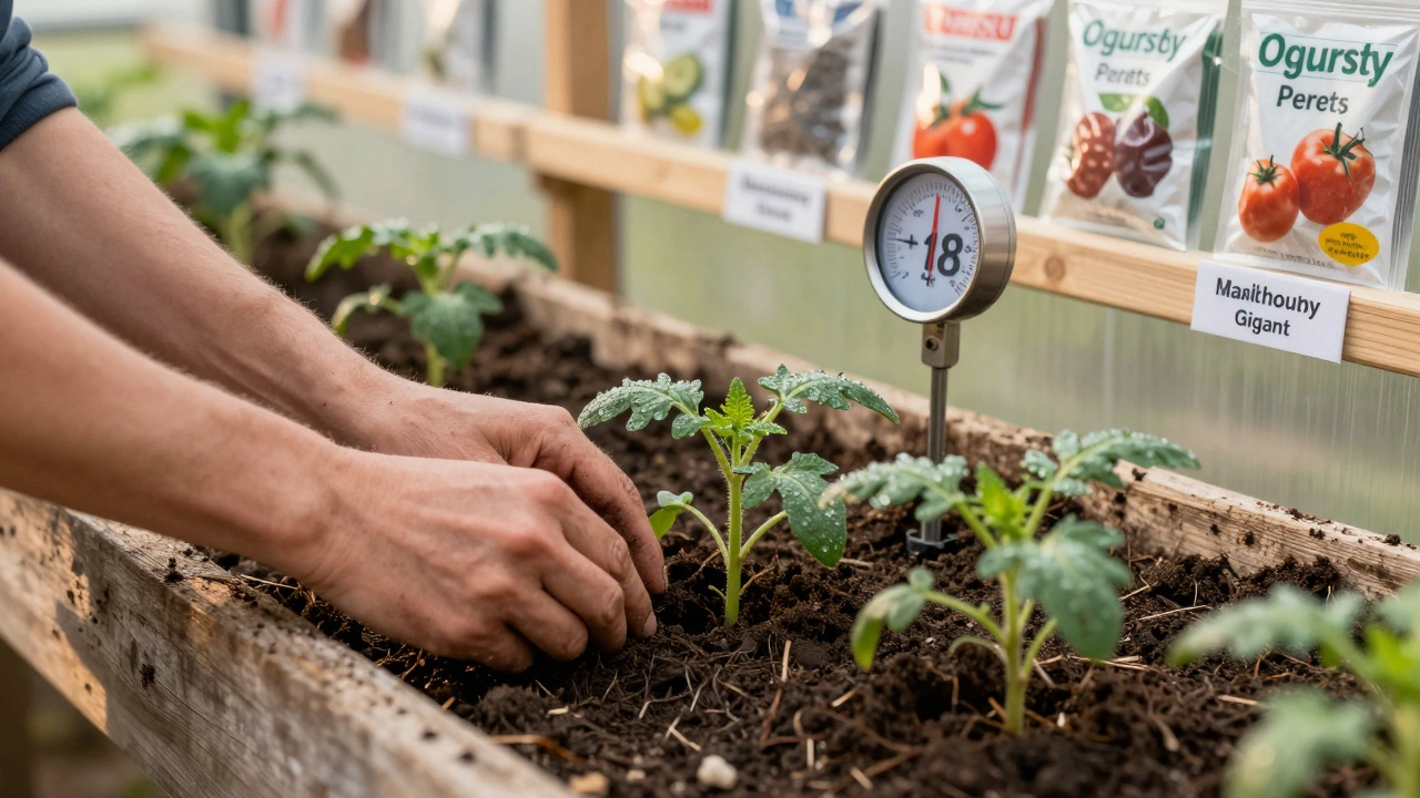 Садовник сажает рассаду помидоров в теплице, рядом — термометр и пакетики с семенами.
