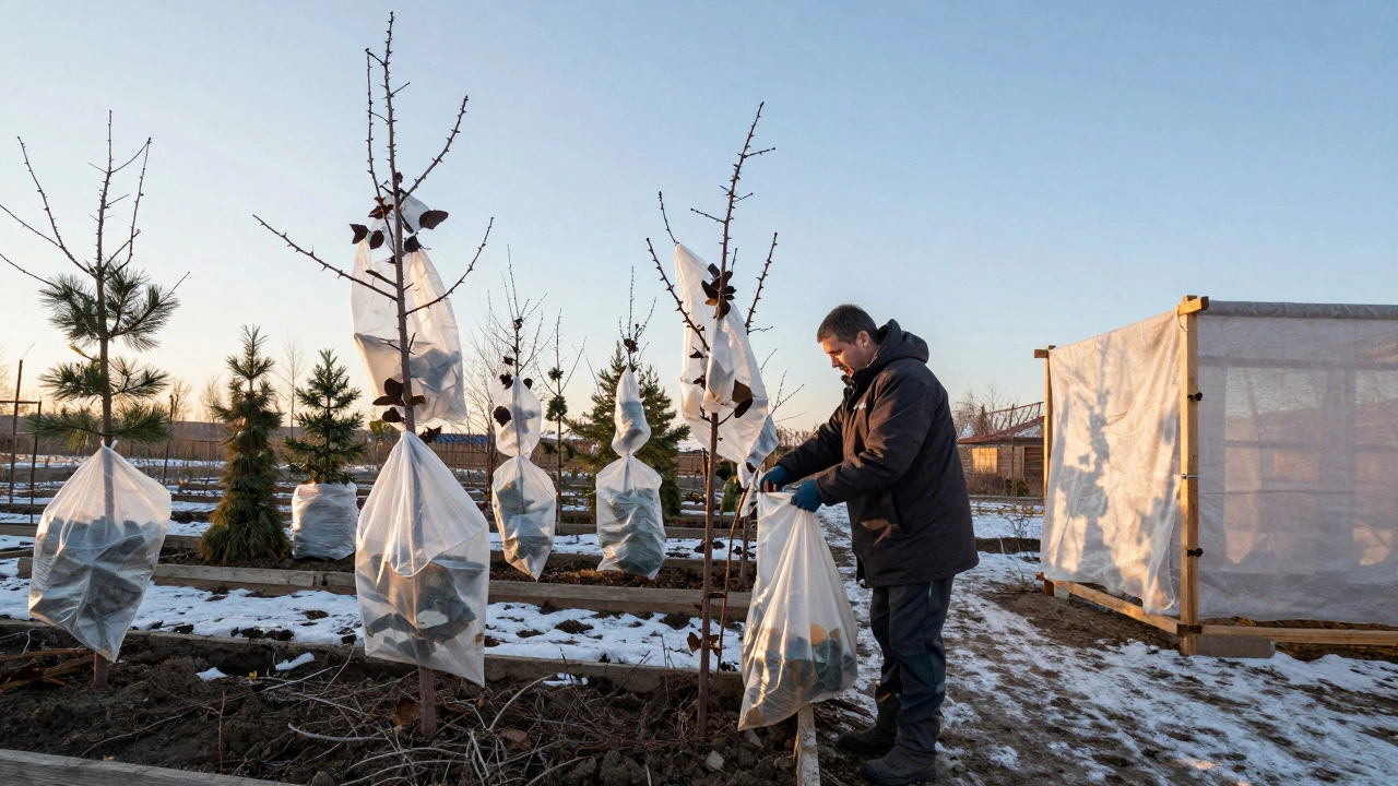 Садовник снимает пакеты с повреждённых растений, рядом — безопасные укрытия из спанбонда и лапника.