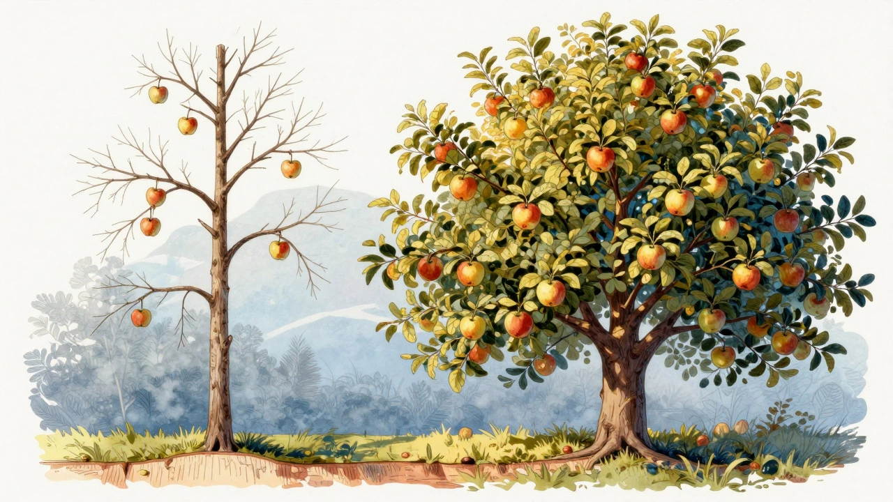 Сравнение роста дерева до и после обрезки верхушки: высокое редкое дерево против компактного с густой кроной и крупными плодами.