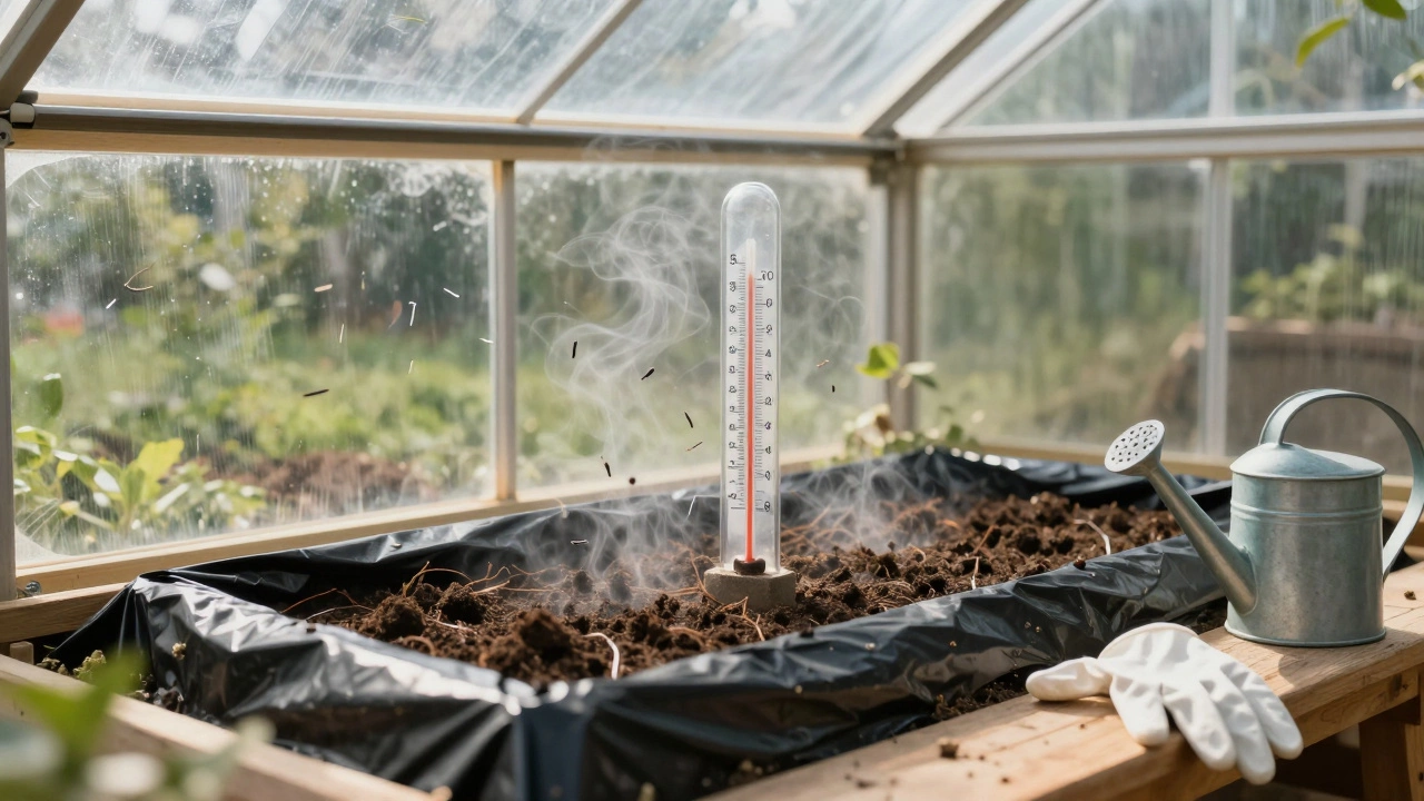 Теплица под летним солнцем, почва под чёрной плёнкой нагревается до 58°C для солнечной дезинфекции.