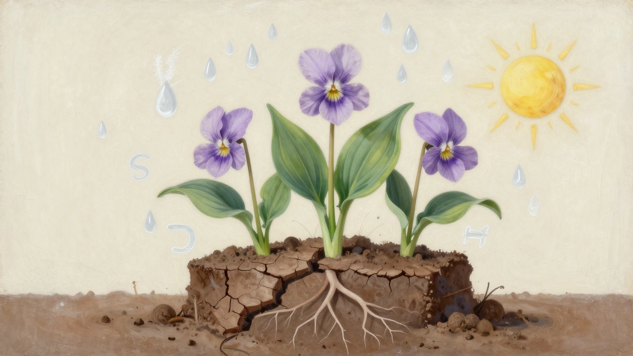 Три весенних цветка — хоста, астильба и фиалка — прорастают из треснувшей зимней земли.