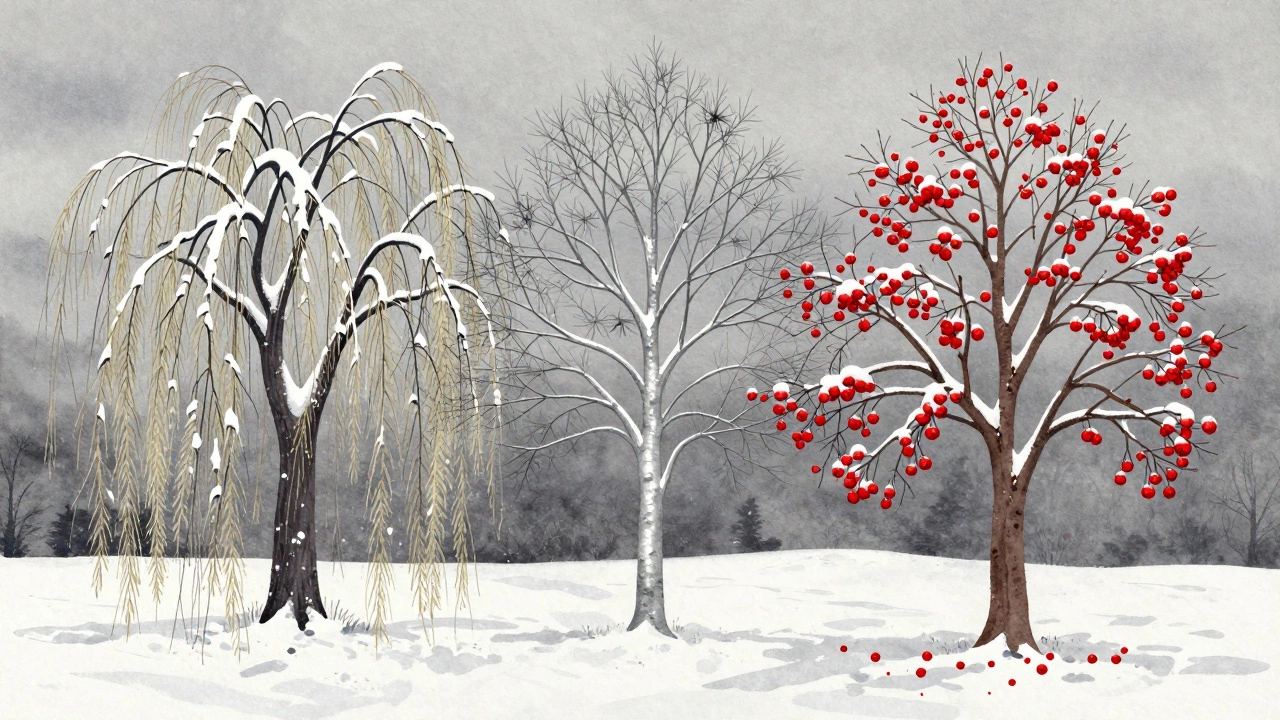 Зимние силуэты трех деревьев под снегом: ива, клен и рябина, акцент на текстуру ветвей и формы.