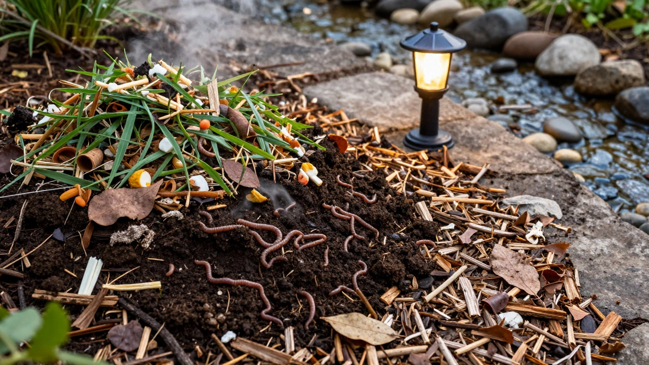 Богатая почва с мульчей, компостом и сухим ручьём, освещённая солнечным фонариком в утреннем свете.