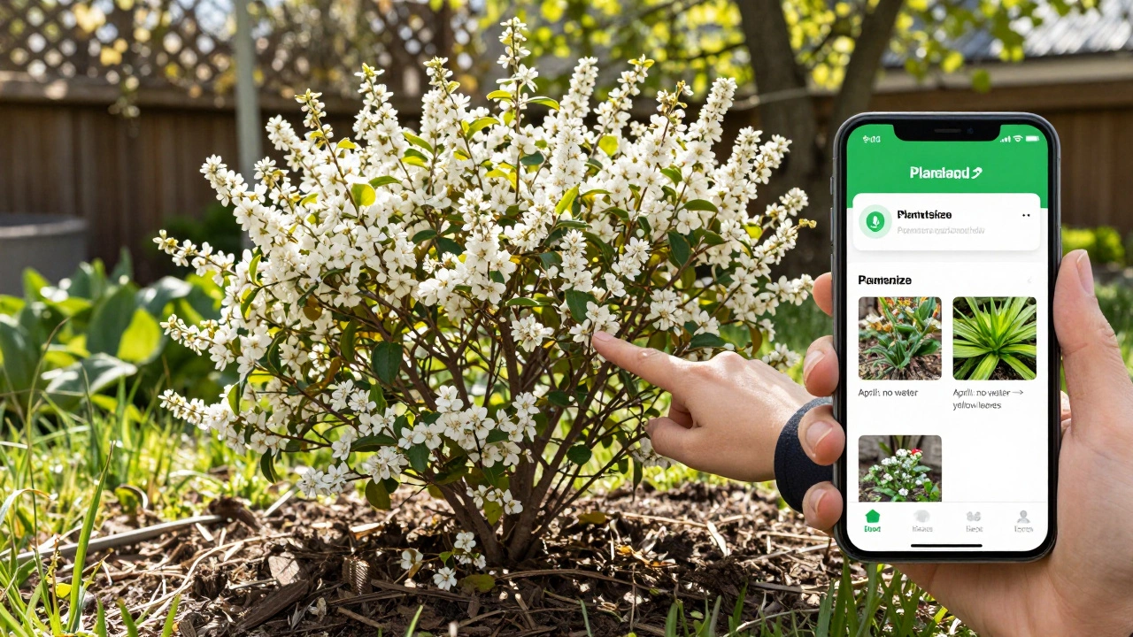 Человек фотографирует куст в саду с помощью телефона, на экране виден интерфейс приложения для распознавания растений и садового дневника.