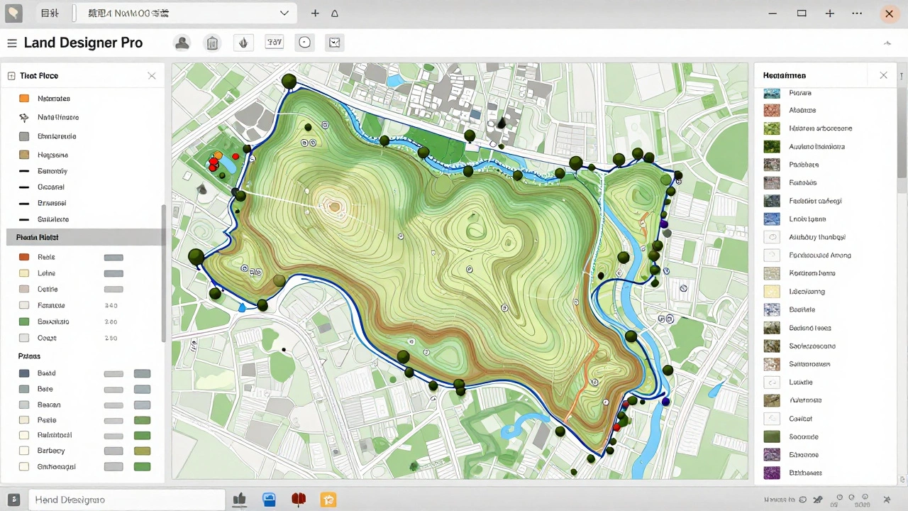 Экран программы Land Designer Pro с топографической картой участка, линиями дренажа и данными о растениях для средней полосы России.