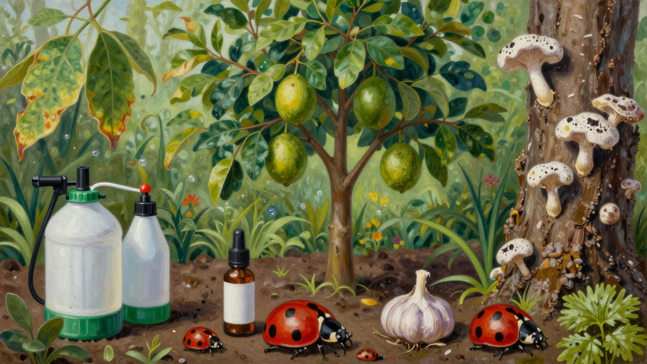 Контраст между химической обработкой и экологичным методом: божьи коровки, чесночный настой и грибок на коре дерева.