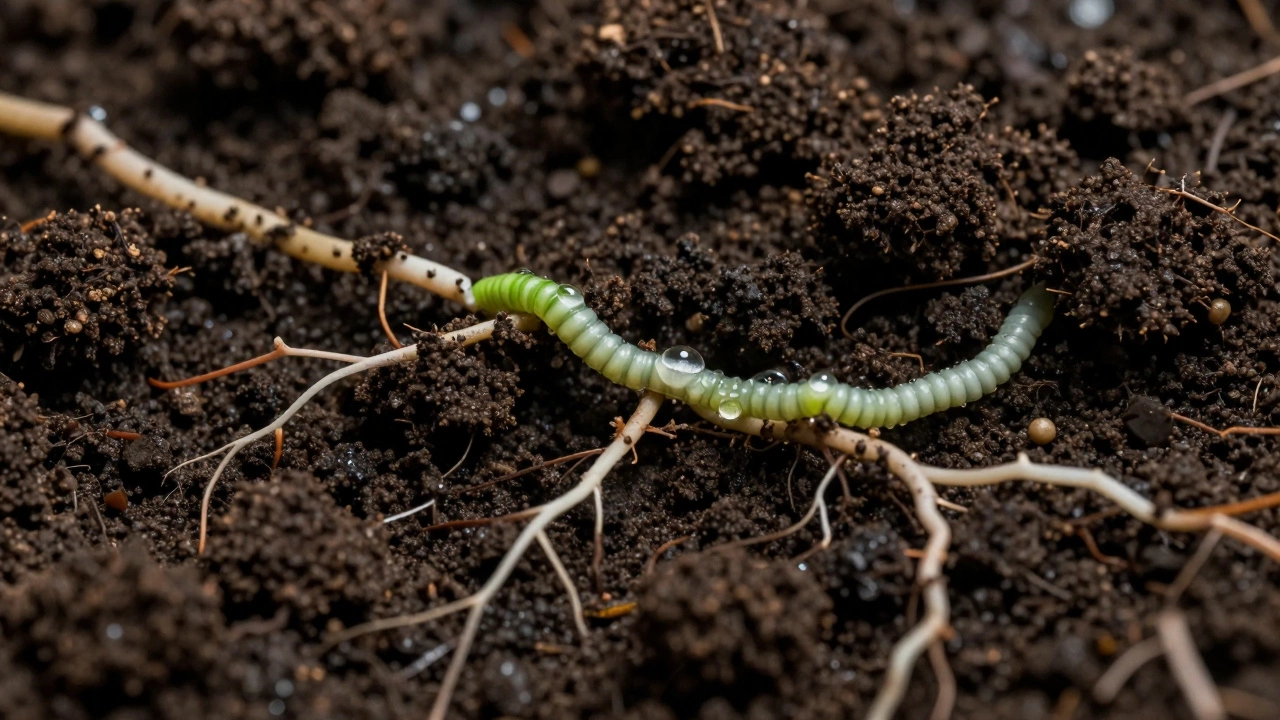 Макросъемка структуры почвы с корнями и дождевыми червями.