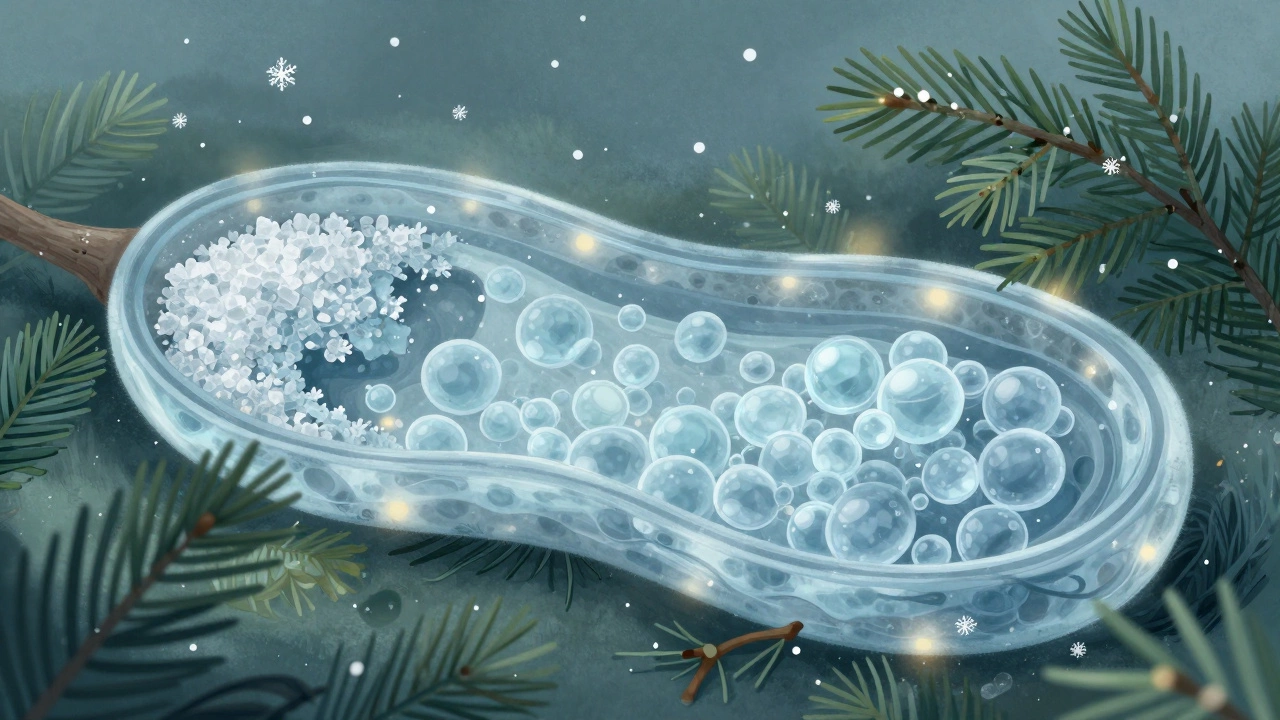 Микроскопическое изображение клетки растения с кристаллами сахара, защищающими от замерзания.