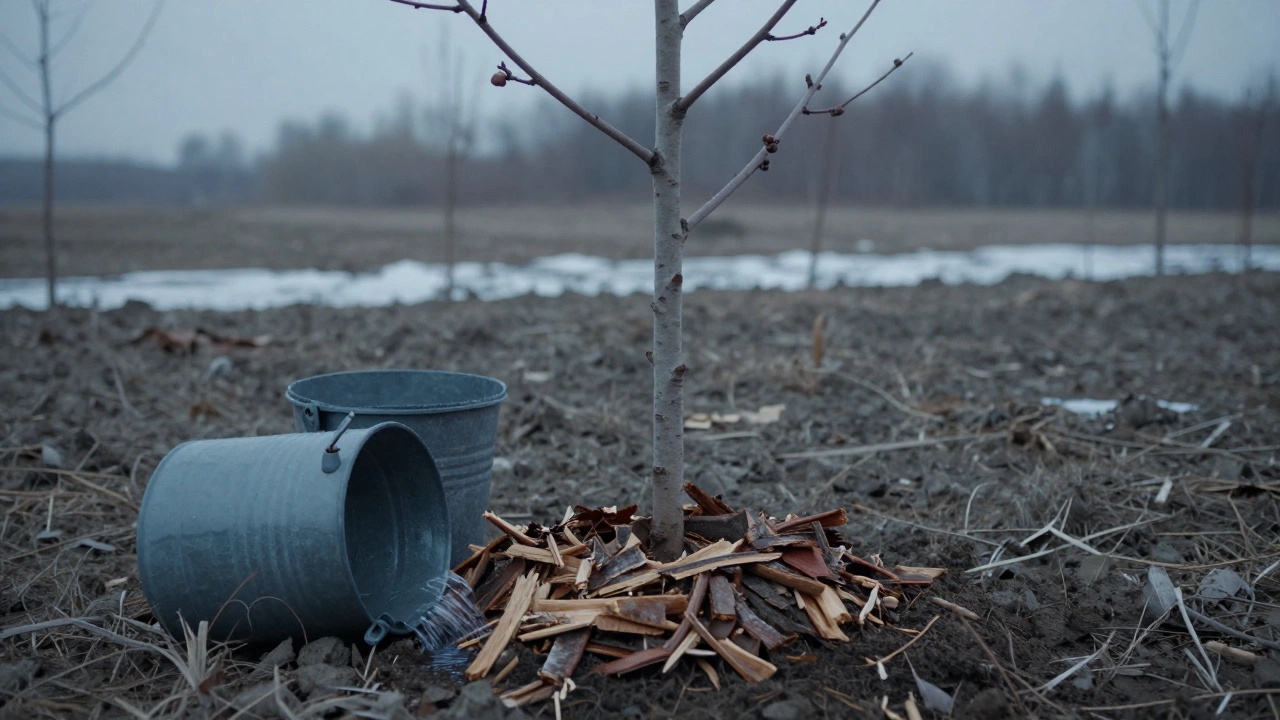 Молодое яблоневое дерево после посадки, поливаемое водой и замульчированное корой, на фоне весеннего пейзажа Калуги.