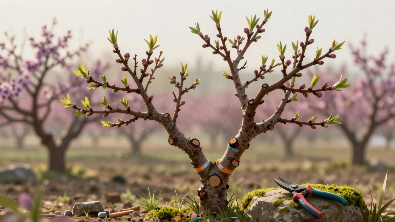 Персиковое дерево весной с обрезанными ветками и цветущей сиренью на заднем плане.