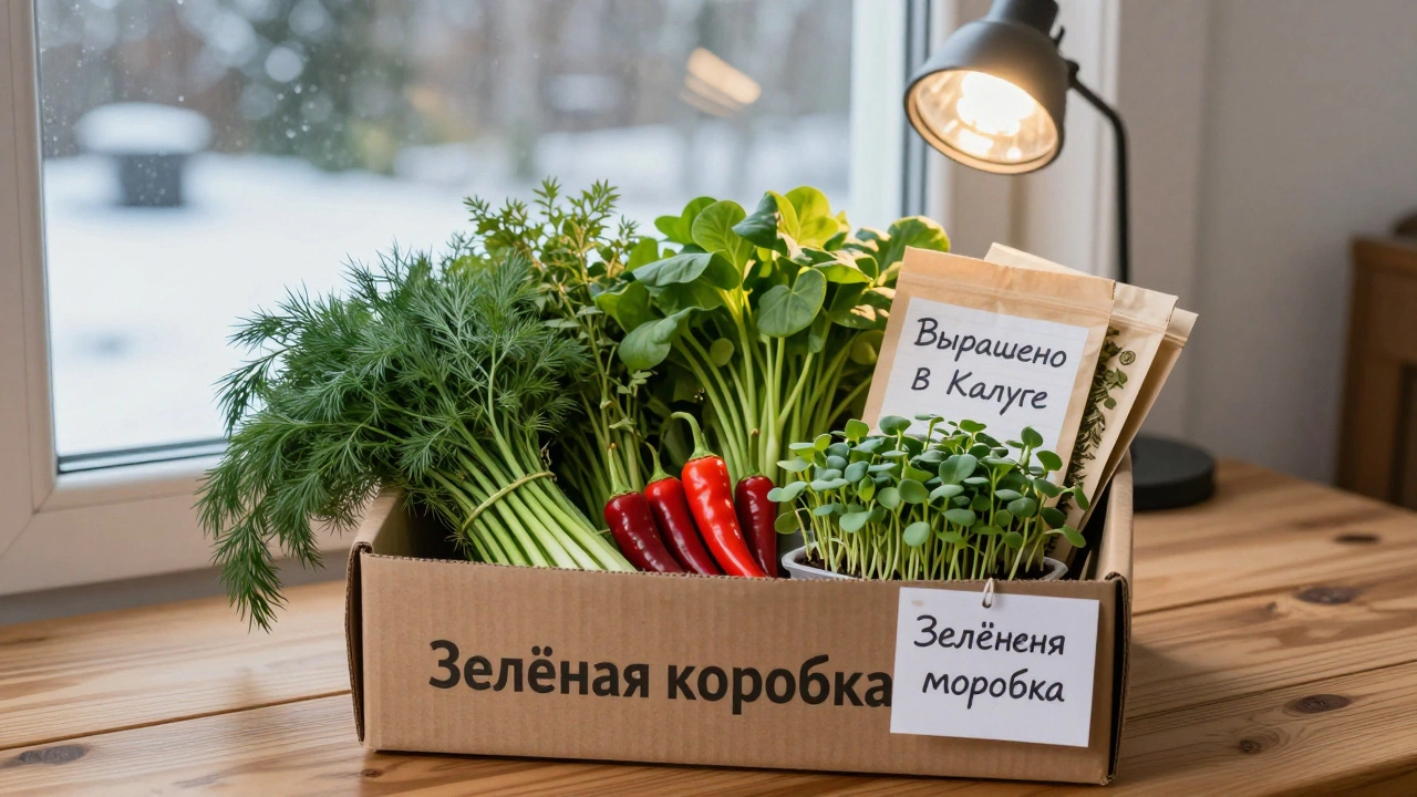 Подписка на свежую зелень: коробка с домашними травами, перцем и микрозеленью на деревянном столе.