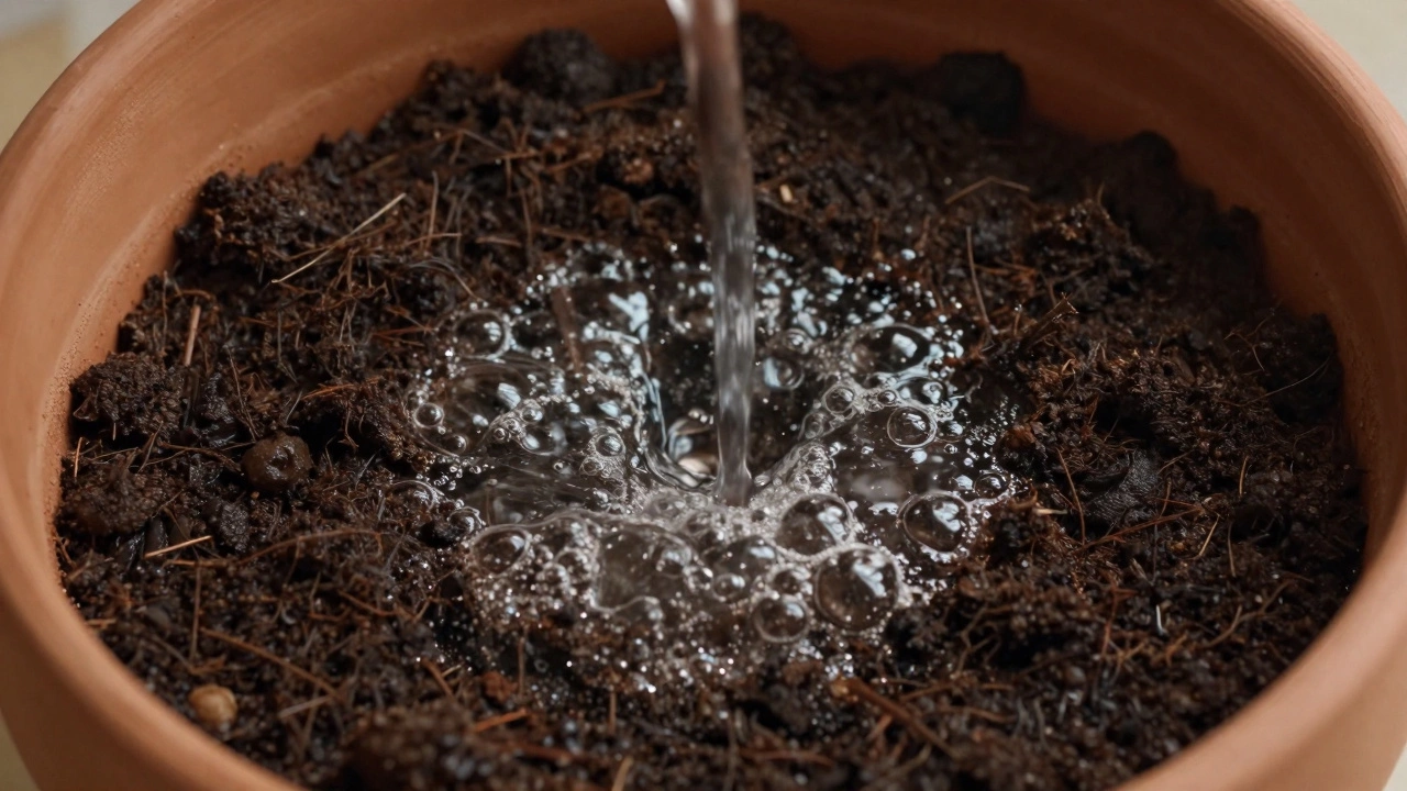Полив земли раствором с пузырьками кислорода в горшке