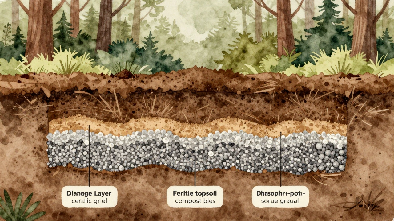 Разрез посадочной ямы с слоями дренажа, земли, компоста и фосфорно-калийных удобрений, без навоза или извести.